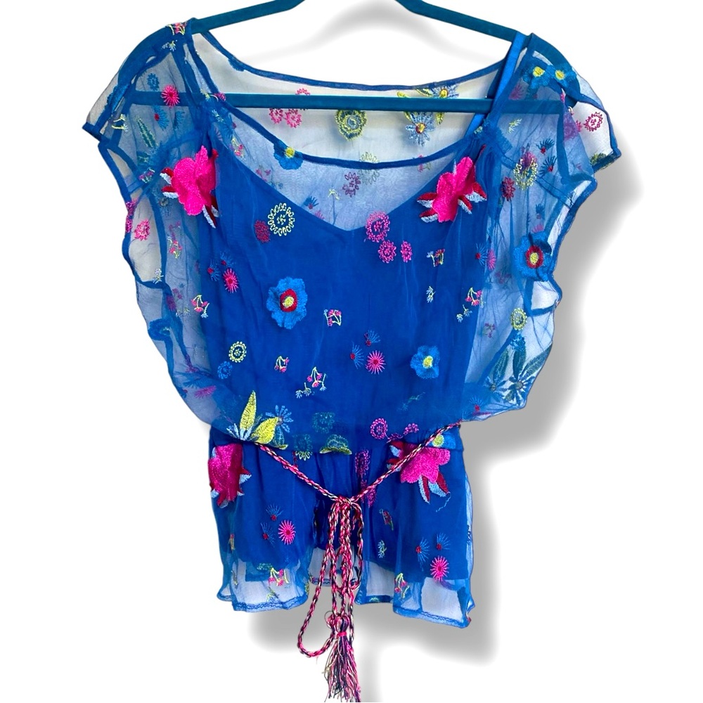 Anthropologie + Tracy Reese Burnell Embroidered Blouse Sheer Blue Floral Blouse